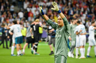 Kiev, Ukrayna - 26 Mayıs 2018: Keylor Navas Real Madrid Uefa Şampiyonlar Ligi 2018 arasında Real Madrid ve Liverpool, Ukrayna Kiev maçında son zaferi kutlamak