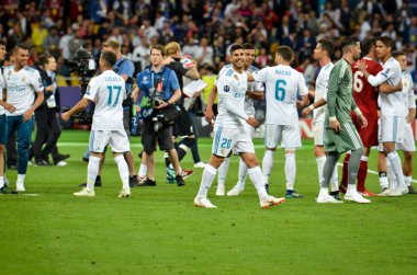 Kiev, Ukrayna - 26 Mayıs 2018: Futbolcular Real Madrid Uefa Şampiyonlar Ligi 2018 arasında Real Madrid ve Liverpool, Ukrayna Kiev maçında son zaferi kutlamak