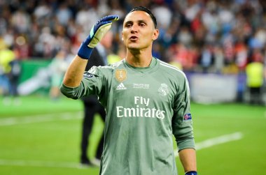 Kiev, Ukrayna - 26 Mayıs 2018: Keylor Navas Real Madrid Uefa Şampiyonlar Ligi 2018 arasında Real Madrid ve Liverpool, Ukrayna Kiev maçında son zaferi kutlamak