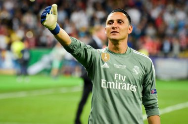 Kiev, Ukrayna - 26 Mayıs 2018: Keylor Navas Real Madrid Uefa Şampiyonlar Ligi 2018 arasında Real Madrid ve Liverpool, Ukrayna Kiev maçında son zaferi kutlamak