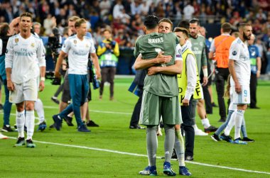 Kiev, Ukrayna - 26 Mayıs 2018: Keylor Navas Real Madrid Uefa Şampiyonlar Ligi 2018 arasında Real Madrid ve Liverpool, Ukrayna Kiev maçında son zaferi kutlamak