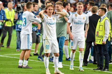Kiev, Ukrayna - 26 Mayıs 2018: Futbolcular Real Madrid Uefa Şampiyonlar Ligi 2018 arasında Real Madrid ve Liverpool, Ukrayna Kiev maçında son zaferi kutlamak