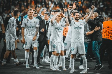 Kiev, Ukrayna - 26 Mayıs 2018: Futbolcular Real Madrid Uefa Şampiyonlar Ligi 2018 arasında Real Madrid ve Liverpool, Ukrayna Kiev maçında son zaferi kutlamak