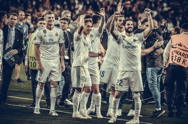 Kiev, Ukrayna - 26 Mayıs 2018: Futbolcular Real Madrid Uefa Şampiyonlar Ligi 2018 arasında Real Madrid ve Liverpool, Ukrayna Kiev maçında son zaferi kutlamak