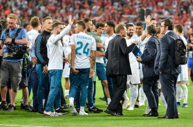 Kiev, Ukrayna - 26 Mayıs 2018: Futbolcular Real Madrid Uefa Şampiyonlar Ligi 2018 arasında Real Madrid ve Liverpool, Ukrayna Kiev maçında son zaferi kutlamak