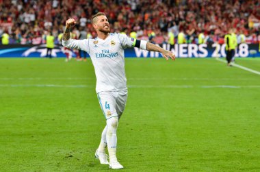 Kiev, Ukrayna - 26 Mayıs 2018: Sergio Ramos Real Madrid Uefa Şampiyonlar Ligi 2018 arasında Real Madrid ve Liverpool, Ukrayna Kiev maçında son zaferi kutlamak