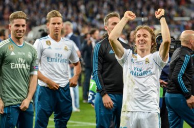 Kiev, Ukrayna - 26 Mayıs 2018: Luka Modric Real Madrid Uefa Şampiyonlar Ligi 2018 arasında Real Madrid ve Liverpool, Ukrayna Kiev maçında son zaferi kutlamak