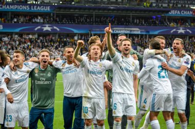 Kiev, Ukrayna - 26 Mayıs 2018: Futbolcular Real Madrid Uefa Şampiyonlar Ligi 2018 arasında Real Madrid ve Liverpool, Ukrayna Kiev maçında son zaferi kutlamak