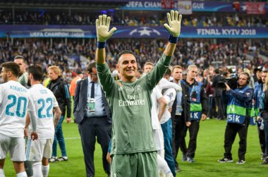 Kiev, Ukrayna - 26 Mayıs 2018: Keylor Navas Real Madrid Uefa Şampiyonlar Ligi 2018 arasında Real Madrid ve Liverpool, Ukrayna Kiev maçında son zaferi kutlamak