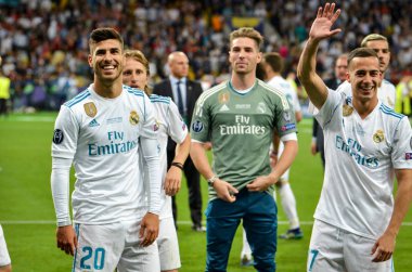 Kiev, Ukrayna - 26 Mayıs 2018: Lucas Vazquez Real Madrid Uefa Şampiyonlar Ligi 2018 arasında Real Madrid ve Liverpool, Ukrayna Kiev maçında son zaferi kutlamak