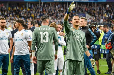 Kiev, Ukrayna - 26 Mayıs 2018: Keylor Navas Real Madrid Uefa Şampiyonlar Ligi 2018 arasında Real Madrid ve Liverpool, Ukrayna Kiev maçında son zaferi kutlamak