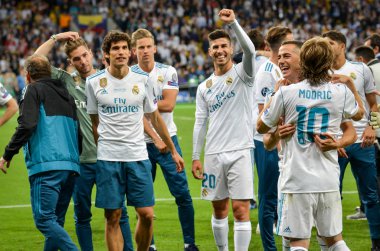 Kiev, Ukrayna - 26 Mayıs 2018: Marco Asensio (C), Real Madrid Uefa Şampiyonlar Ligi 2018 arasında Real Madrid ve Liverpool, Ukrayna Kiev maçında son zaferi kutlamak