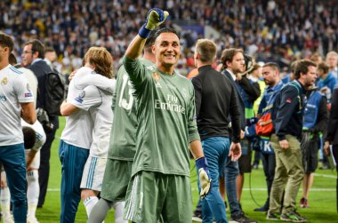 Kiev, Ukrayna - 26 Mayıs 2018: Keylor Navas Real Madrid Uefa Şampiyonlar Ligi 2018 arasında Real Madrid ve Liverpool, Ukrayna Kiev maçında son zaferi kutlamak