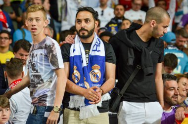 Kiev, Ukrayna - 26 Mayıs 2018: Hayranları Real Madrid Uefa Şampiyonlar Ligi 2018 arasında Real Madrid ve Liverpool, Ukrayna Kiev maçında son zaferi kutlamak