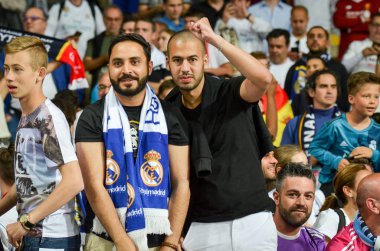 Kiev, Ukrayna - 26 Mayıs 2018: Hayranları Real Madrid Uefa Şampiyonlar Ligi 2018 arasında Real Madrid ve Liverpool, Ukrayna Kiev maçında son zaferi kutlamak