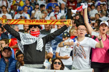 Kiev, Ukrayna - 26 Mayıs 2018: Hayranları Real Madrid Uefa Şampiyonlar Ligi 2018 arasında Real Madrid ve Liverpool, Ukrayna Kiev maçında son zaferi kutlamak