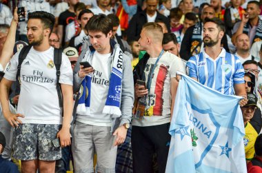 Kiev, Ukrayna - 26 Mayıs 2018: Hayranları Real Madrid Uefa Şampiyonlar Ligi 2018 arasında Real Madrid ve Liverpool, Ukrayna Kiev maçında son zaferi kutlamak