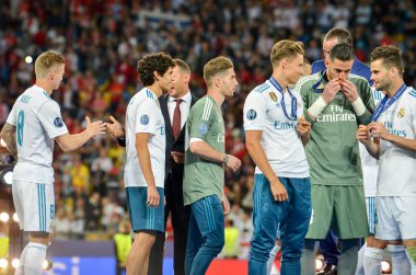 Kiev, Ukrayna - 26 Mayıs 2018: Futbolcular Real Madrid Uefa Şampiyonlar Ligi lig 2018 kazanan altın madalya Kiev, Ukrayna içinde alırsınız.
