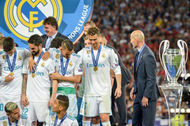 Kiev, Ukrayna - 26 Mayıs 2018: Futbolcular Real Madrid Uefa Şampiyonlar Ligi 2018 arasında Real Madrid ve Liverpool, Ukrayna Kiev maçında son zaferi kutlamak