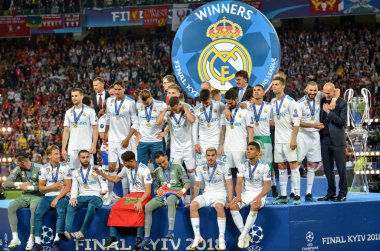 Kiev, Ukrayna - 26 Mayıs 2018: Futbolcular Real Madrid Uefa Şampiyonlar Ligi 2018 arasında Real Madrid ve Liverpool, Ukrayna Kiev maçında son zaferi kutlamak