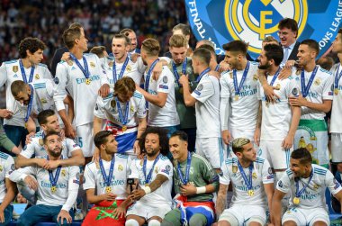 Kiev, Ukrayna - 26 Mayıs 2018: Futbolcular Real Madrid Uefa Şampiyonlar Ligi 2018 arasında Real Madrid ve Liverpool, Ukrayna Kiev maçında son zaferi kutlamak