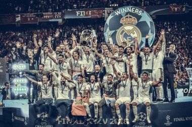 Kiev, Ukrayna - 26 Mayıs 2018: Futbolcular Real Madrid Uefa Şampiyonlar Ligi 2018 arasında Real Madrid ve Liverpool, Ukrayna Kiev maçında son zaferi kutlamak