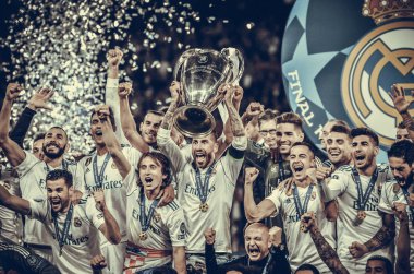 Kiev, Ukrayna - 26 Mayıs 2018: Futbolcular Real Madrid Uefa Şampiyonlar Ligi 2018 arasında Real Madrid ve Liverpool, Ukrayna Kiev maçında son zaferi kutlamak