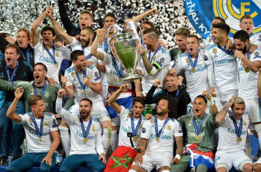 Kiev, Ukrayna - 26 Mayıs 2018: Futbolcular Real Madrid Uefa Şampiyonlar Ligi 2018 arasında Real Madrid ve Liverpool, Ukrayna Kiev maçında son zaferi kutlamak