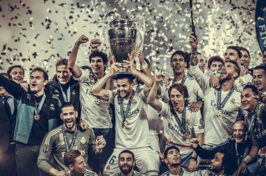 Kiev, Ukrayna - 26 Mayıs 2018: Futbolcular Real Madrid Uefa Şampiyonlar Ligi 2018 arasında Real Madrid ve Liverpool, Ukrayna Kiev maçında son zaferi kutlamak