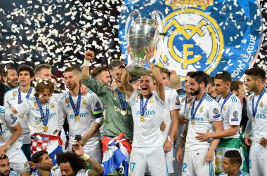 Kiev, Ukrayna - 26 Mayıs 2018: Futbolcular Real Madrid Uefa Şampiyonlar Ligi 2018 arasında Real Madrid ve Liverpool, Ukrayna Kiev maçında son zaferi kutlamak