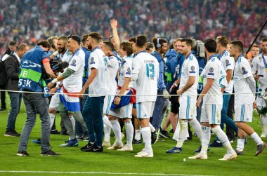 Kiev, Ukrayna - 26 Mayıs 2018: Futbolcular Real Madrid Uefa Şampiyonlar Ligi 2018 arasında Real Madrid ve Liverpool, Ukrayna Kiev maçında son zaferi kutlamak