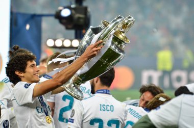 Kiev, Ukrayna - 26 Mayıs 2018: Jesus Vallejo Real Madrid Uefa Şampiyonlar Ligi 2018 arasında Real Madrid ve Liverpool, Ukrayna Kiev maçında son zaferi kutlamak