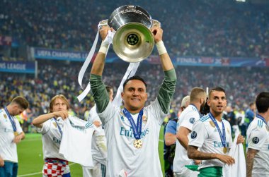 Kiev, Ukrayna - 26 Mayıs 2018: Keylor Navas Real Madrid Uefa Şampiyonlar Ligi 2018 arasında Real Madrid ve Liverpool, Ukrayna Kiev maçında son zaferi kutlamak