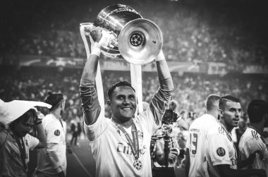 Kiev, Ukrayna - 26 Mayıs 2018: Keylor Navas Real Madrid Uefa Şampiyonlar Ligi 2018 arasında Real Madrid ve Liverpool, Ukrayna Kiev maçında son zaferi kutlamak