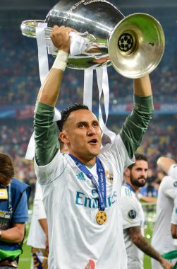 Kiev, Ukrayna - 26 Mayıs 2018: Keylor Navas Real Madrid Uefa Şampiyonlar Ligi 2018 arasında Real Madrid ve Liverpool, Ukrayna Kiev maçında son zaferi kutlamak