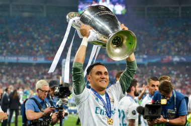 Kiev, Ukrayna - 26 Mayıs 2018: Keylor Navas Real Madrid Uefa Şampiyonlar Ligi 2018 arasında Real Madrid ve Liverpool, Ukrayna Kiev maçında son zaferi kutlamak