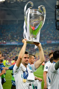 Kiev, Ukrayna - 26 Mayıs 2018: Nacho Fernandez Real Madrid Uefa Şampiyonlar Ligi 2018 arasında Real Madrid ve Liverpool, Ukrayna Kiev maçında son zaferi kutlamak