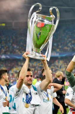 Kiev, Ukrayna - 26 Mayıs 2018: Nacho Fernandez Real Madrid Uefa Şampiyonlar Ligi 2018 arasında Real Madrid ve Liverpool, Ukrayna Kiev maçında son zaferi kutlamak