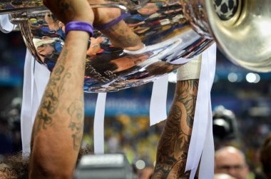 Kiev, Ukrayna - 26 Mayıs 2018: Uefa Kupası, Uefa Şampiyonlar Ligi 2018 Ukrayna Kiev maçında finalinde zaferden sonra Şampiyonlar Ligi 2018 yakın çekim