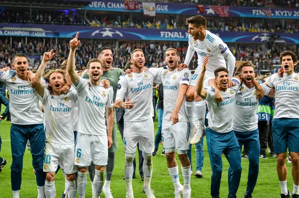 Kyjev Ukrajina Května 2018 Fotbalisté Realu Madrid Slaví Vítězství Finále — Stock fotografie