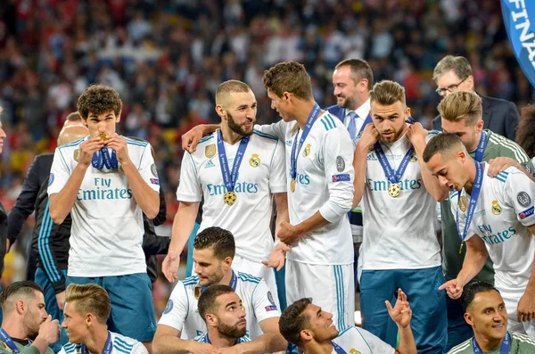 Kyjev Ukrajina Května 2018 Fotbalisté Realu Madrid Slaví Vítězství Finále — Stock fotografie