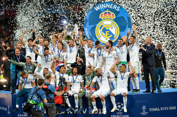 KYIV, UKRAINE - MAY 26, 2018: Footballers of Real Madrid celebrate the victory in the final of the UEFA Champions League 2018 in Kiev  match between Real Madrid and Liverpool, Ukraine