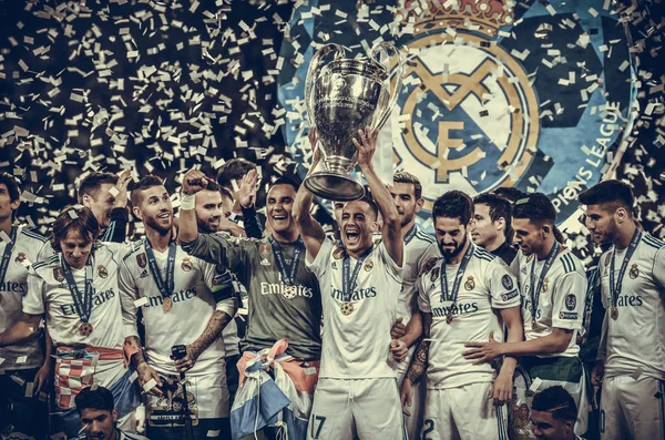 Kyiv Ucrania Mayo 2018 Los Futbolistas Del Real Madrid Celebran —  Fotos de Stock