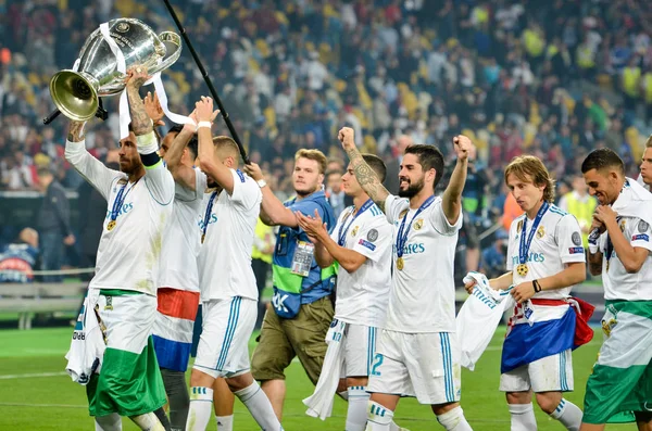 Kyiv Ukraine Maio 2018 Sérgio Ramos Real Madrid Celebra Vitória — Fotografia de Stock
