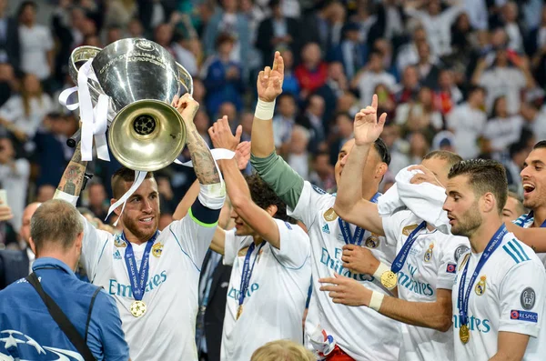 Kyiv Ukraine Maio 2018 Sérgio Ramos Real Madrid Celebra Vitória — Fotografia de Stock