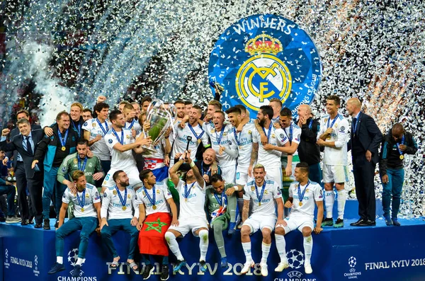 Kyjev Ukrajina Května 2018 Fotbalisté Realu Madrid Slaví Vítězství Finále Royalty Free Stock Fotografie