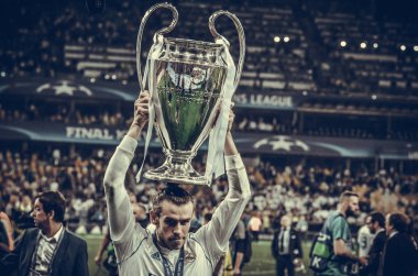 Kiev, Ukrayna - 26 Mayıs 2018: Gareth Bale Real Madrid Uefa Şampiyonlar Ligi 2018 arasında Real Madrid ve Liverpool, Ukrayna Kiev maçında son zaferi kutlamak
