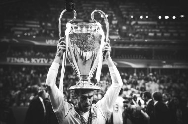 Kiev, Ukrayna - 26 Mayıs 2018: Gareth Bale Real Madrid Uefa Şampiyonlar Ligi 2018 arasında Real Madrid ve Liverpool, Ukrayna Kiev maçında son zaferi kutlamak