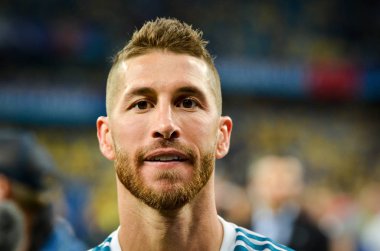 Kiev, Ukrayna - 26 Mayıs 2018: Sergio Ramos Real Madrid Uefa Şampiyonlar Ligi 2018 arasında Real Madrid ve Liverpool, Ukrayna Kiev maçında son zaferi kutlamak