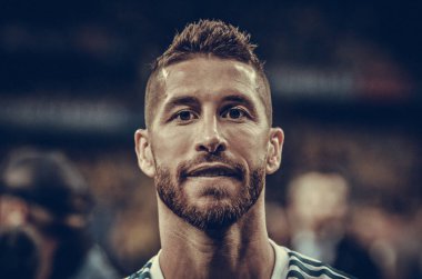 Kiev, Ukrayna - 26 Mayıs 2018: Sergio Ramos Real Madrid Uefa Şampiyonlar Ligi 2018 arasında Real Madrid ve Liverpool, Ukrayna Kiev maçında son zaferi kutlamak